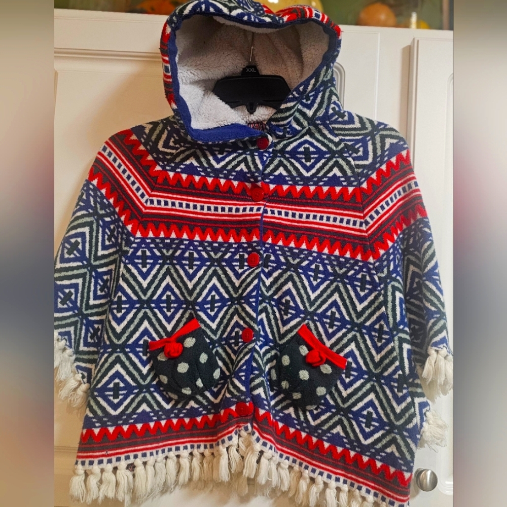 Matilda JANE Geometric Patterned Kids Hooded Poncho - Red, Blue, White SIZE 6 KU